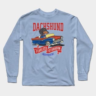 Funny and Cute Doxie Dachshund dog in a classic vintage retro car with red white and blue banner flags Long Sleeve T-Shirt